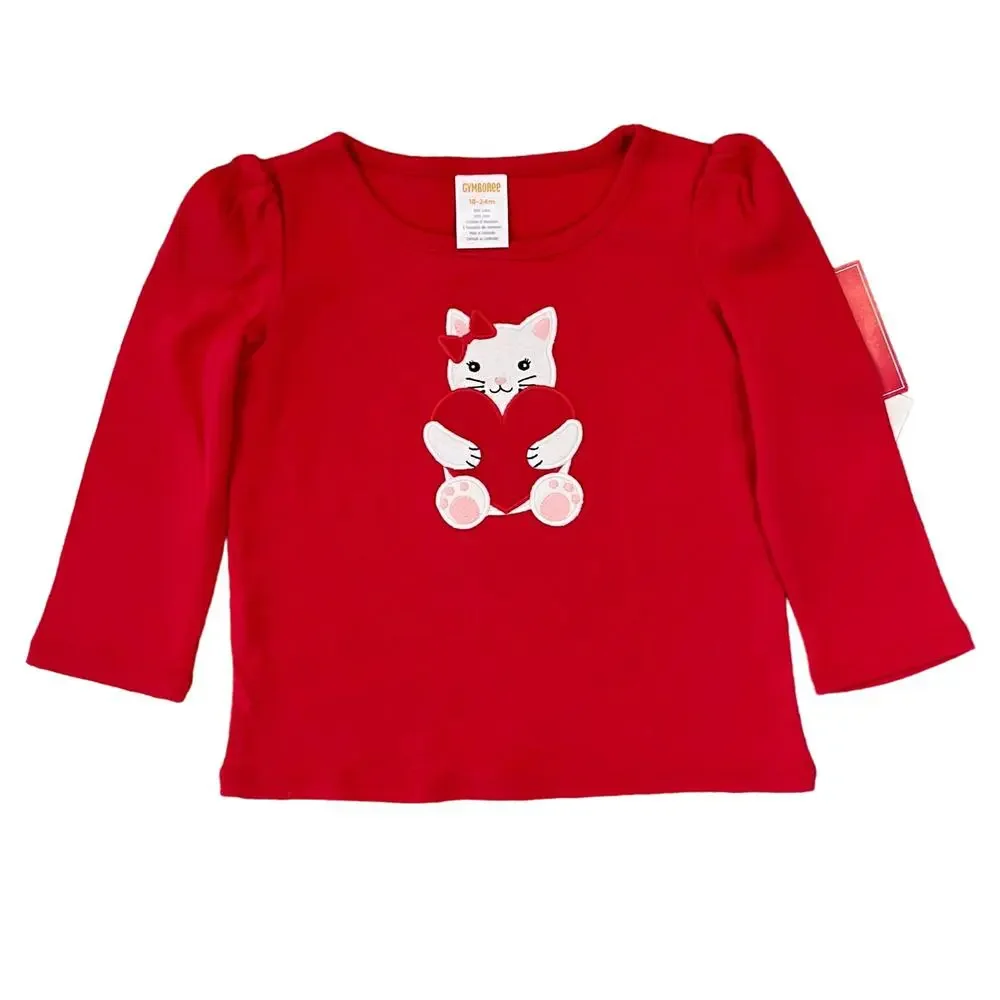 NWT Gymboree Girls Red W/Embroidered Valentine Heart Cat Top
